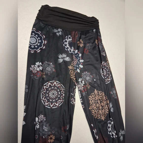 Bohemian Floral Black and Brown Women's Pants - Picture 2 of 4